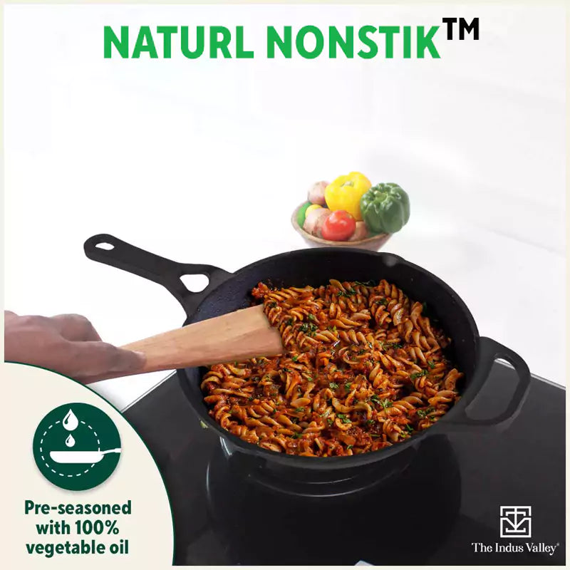 The Indus Valley CASTrong Cast Iron Fry Pan/Skillet, Pre-seasoned, Nonstick, 100% Pure, Toxin-free, Induction,Spatula, 25.4cm, 1.7L, 2.3kg