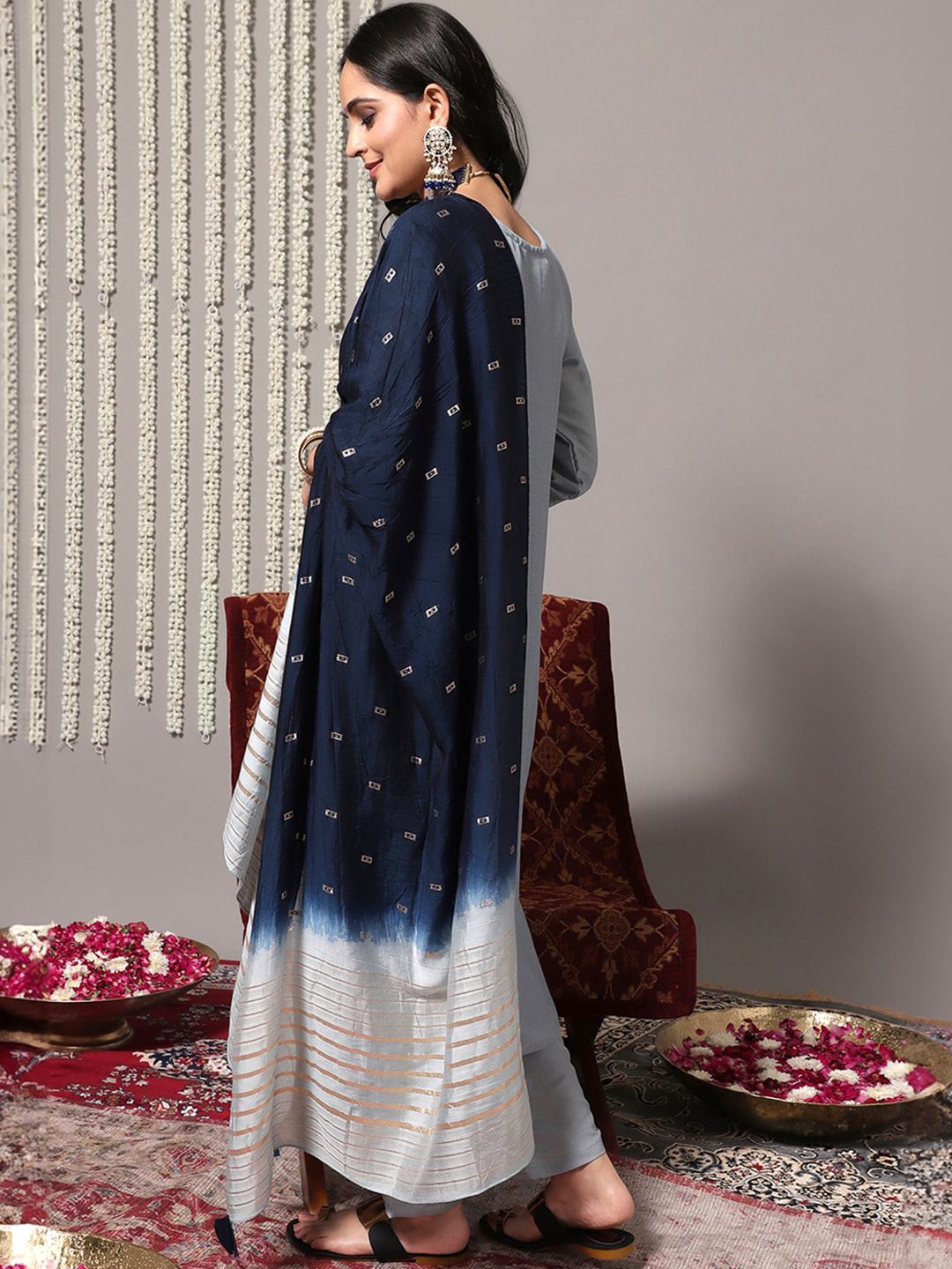 Indyancart VA Women'sBlue Ethnic Motifs Embroidered Kurta With Trousers & Dupatta