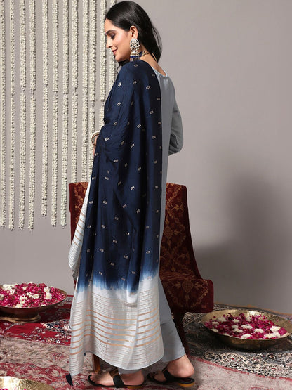 Indyancart VA Women'sBlue Ethnic Motifs Embroidered Kurta With Trousers & Dupatta