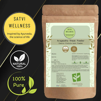 Satvi Wellness Aragwadha Bark Powder in a jar, showcasing the Ayurvedic powder made from Aragwadha (Parkia biglobosa) bark.