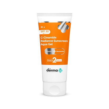 The Derma Co C-Cinamide Radiance Sunscreen Aqua Gel with SPF 50, lightweight sunscreen in a clear gel formula with SPF protection.