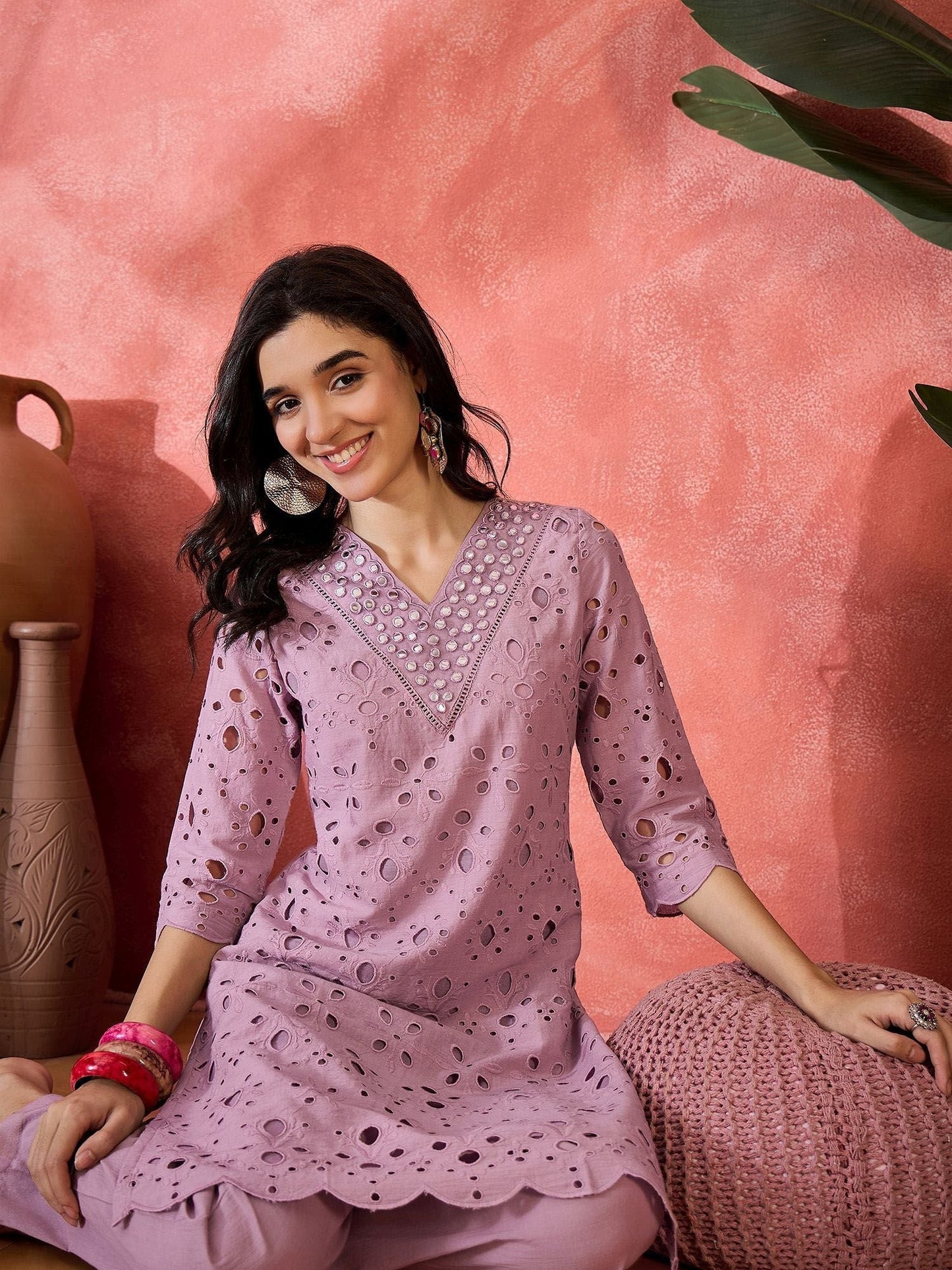 Indyancart SN Women's Geometric Embroidered Mirror Work Pure Cotton Straight Kurta With Trousers