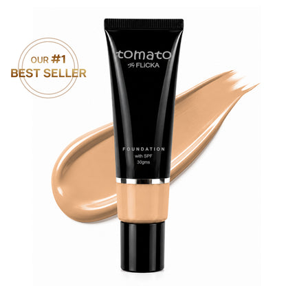 FLiCKA Flicka Tomato Liquid Foundation in Beige with SPF, lightweight, long-lasting formula suitable for all skin types, natural finish