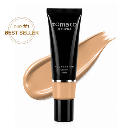 FLiCKA Flicka Tomato Liquid Foundation in Caramel, lightweight, long-lasting with SPF, suitable for all skin types, close-up of bottle