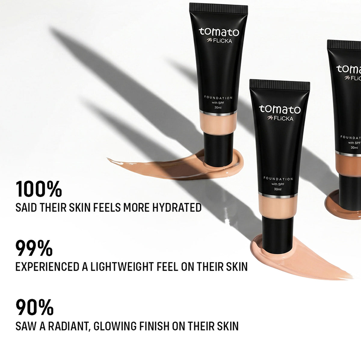 FLiCKA Flicka Tomato liquid foundation in caramel shade with SPF, long-lasting, lightweight formula for all skin types.