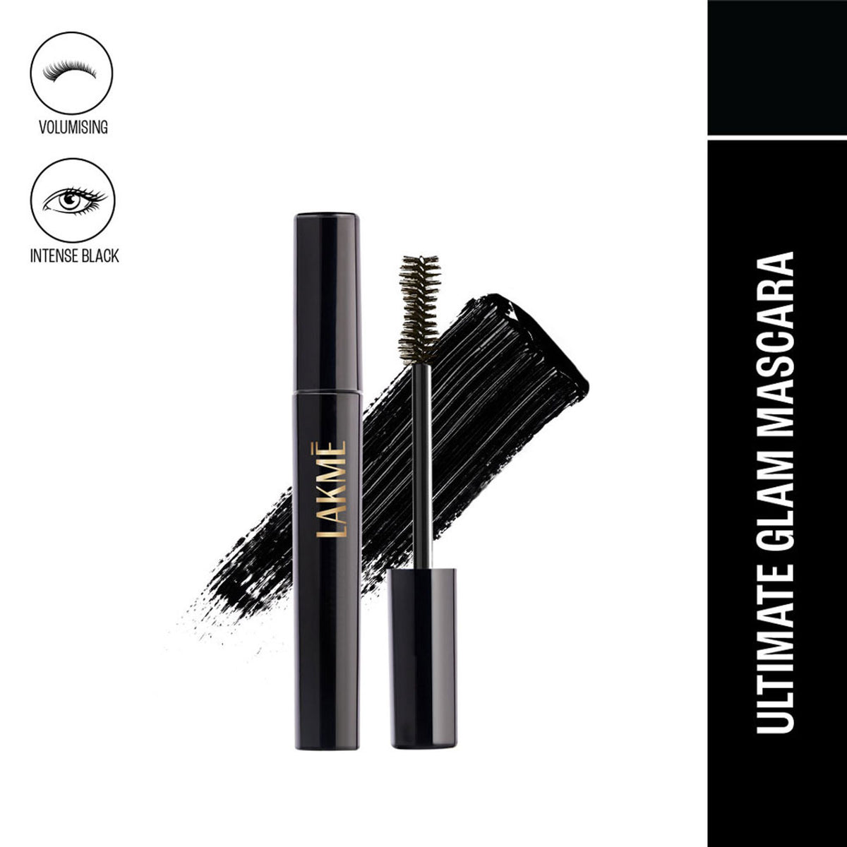 Lakme UltimateGlam Volumizing Mascara in black, showing the mascara wand and brush with a sleek black tube.