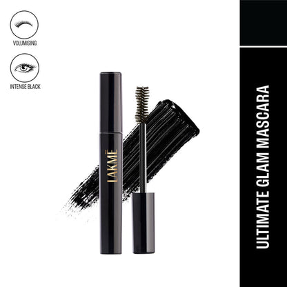 Lakme UltimateGlam Volumizing Mascara in black, showing the mascara wand and brush with a sleek black tube.