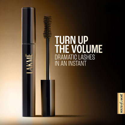 Lakme UltimateGlam Volumizing Mascara in black with a sleek tube, showing the mascara brush and product packaging.