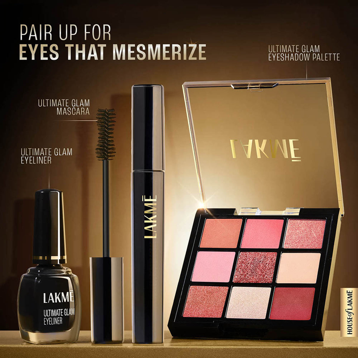 Lakme UltimateGlam Volumizing Mascara in black with a sleek mascara tube and brush, showcasing its smudgeproof and waterproof features.