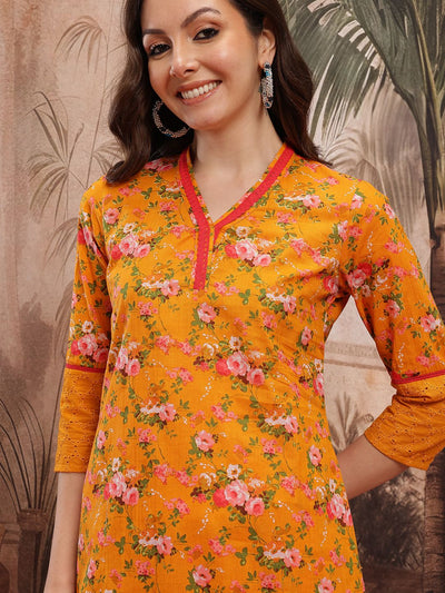 Indyancart SN Women's Floral Printed Regular Pure Cotton Kurta with Trousers