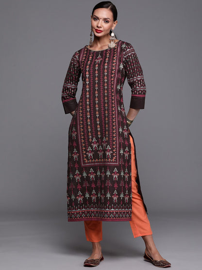Dhiyona IE Women Coffee Brown & Orange Ethnic Motifs Printed Floral Kurta