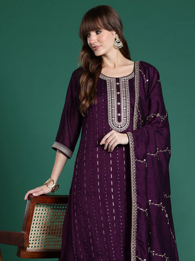 Indyancart IE Ethnic Motifs Embroidered Sequinned Kurta with Trousers & Dupatta