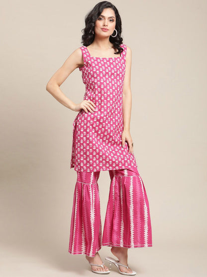 Indyancart VA Women's Pink Floral Printed Sequinned Pure Cotton Kurta with Sharara