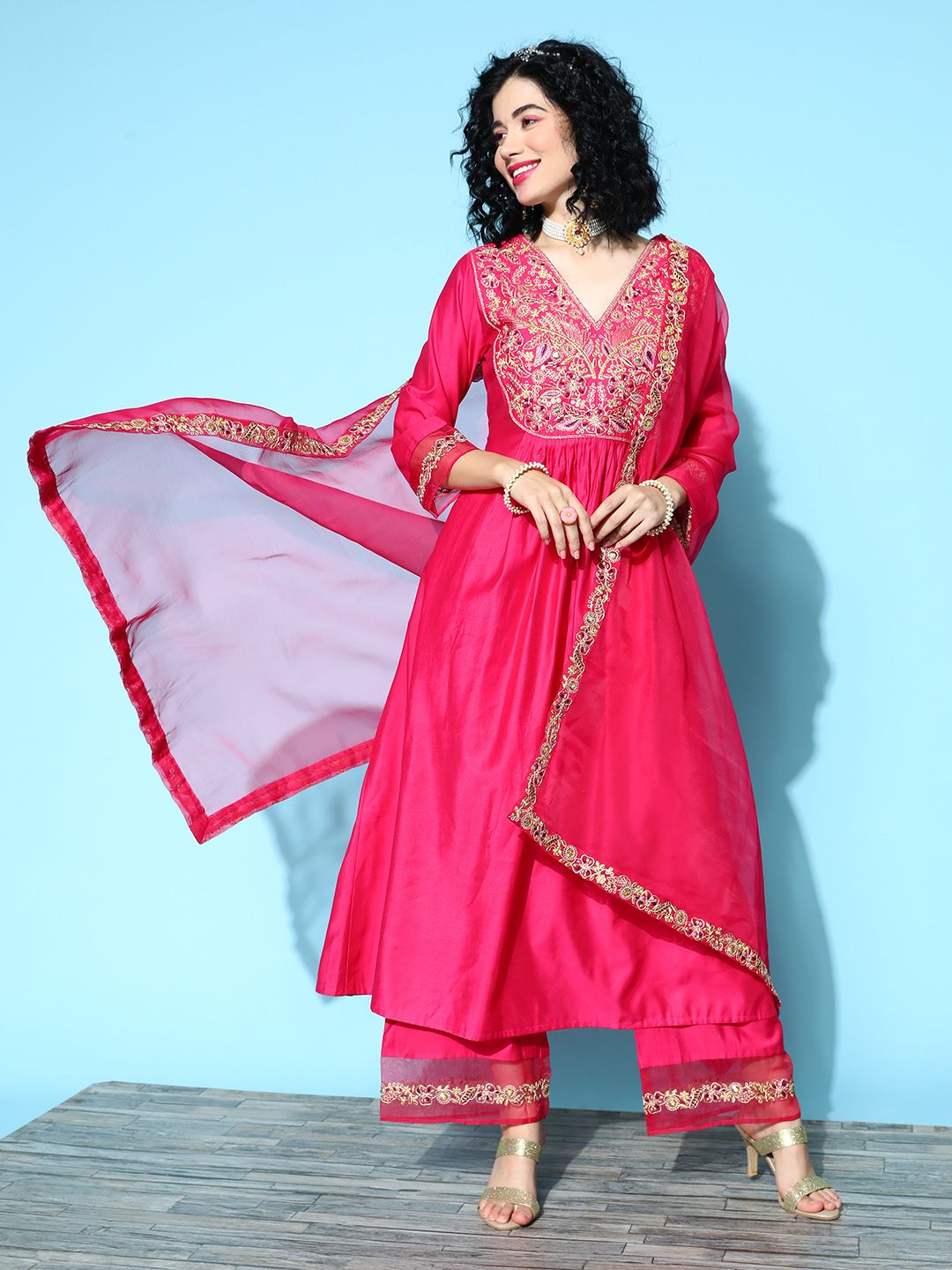 Indyancart IE Women Fuchsia Ethnic Motifs Embroidered Kurta with Palazzos & With Dupatta