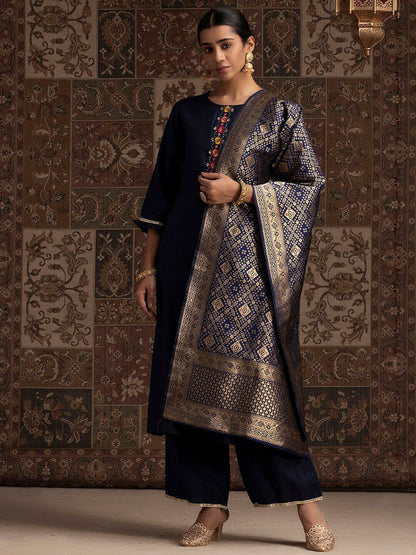 Indyancart IE Navy Blue Thread Work Liva Kurta With Palazzos & Dupatta