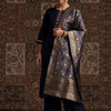 Indyancart IE Navy Blue Thread Work Liva Kurta With Palazzos & Dupatta