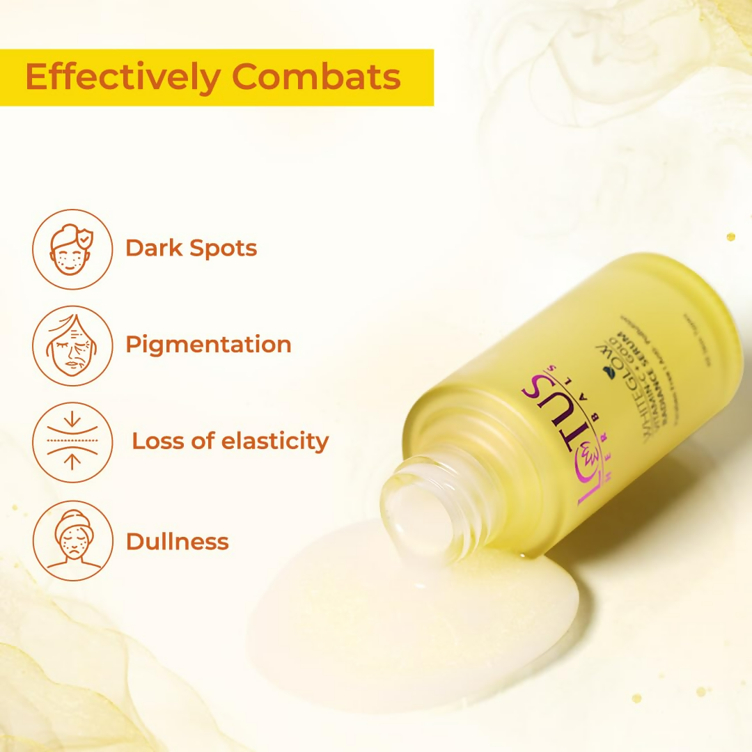 Lotus Herbals WhiteGlow Vitamin C and Gold Radiance face serum bottle with dropper, designed for glowing skin.