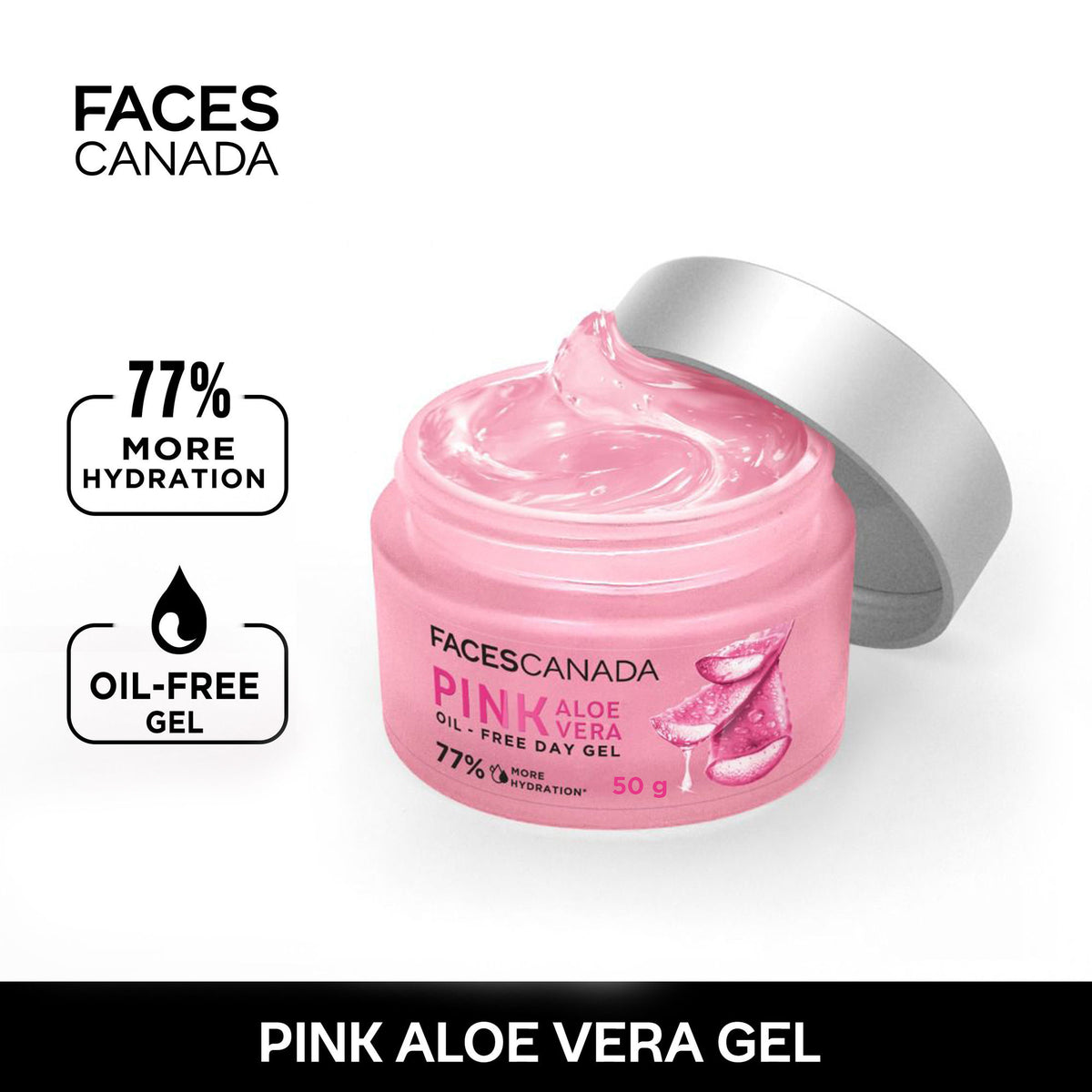Faces Canada Pink Aloe Vera Oil-Free Day Gel in a clear jar with pink labeling, showcasing its lightweight, hydrating formula.