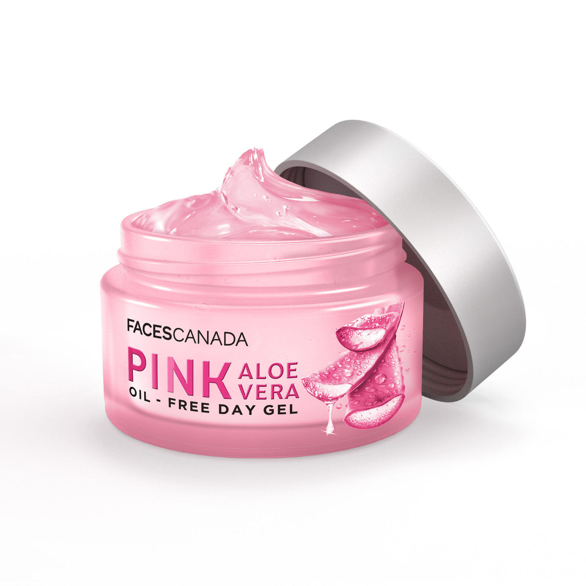 Faces Canada Pink Aloe Vera Oil-Free Day Gel in a clear jar with pink branding and a smooth gel texture visible.