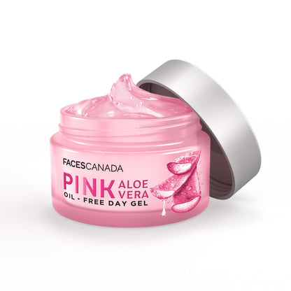 Faces Canada Pink Aloe Vera Oil-Free Day Gel in a clear jar with pink branding and a smooth gel texture visible.