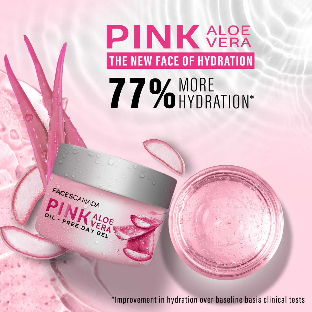 Faces Canada Pink Aloe Vera Oil-Free Day Gel in a clear jar with pink and white branding, showcasing fresh aloe vera gel inside.