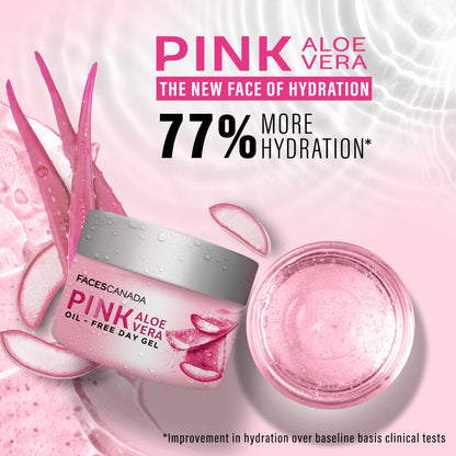 Faces Canada Pink Aloe Vera Oil-Free Day Gel in a clear jar with pink and white branding, showcasing fresh aloe vera gel inside.