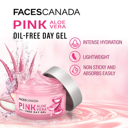 Faces Canada Pink Aloe Vera Oil-Free Day Gel in a clear jar with pink labeling and gel texture, suitable for daily skincare.