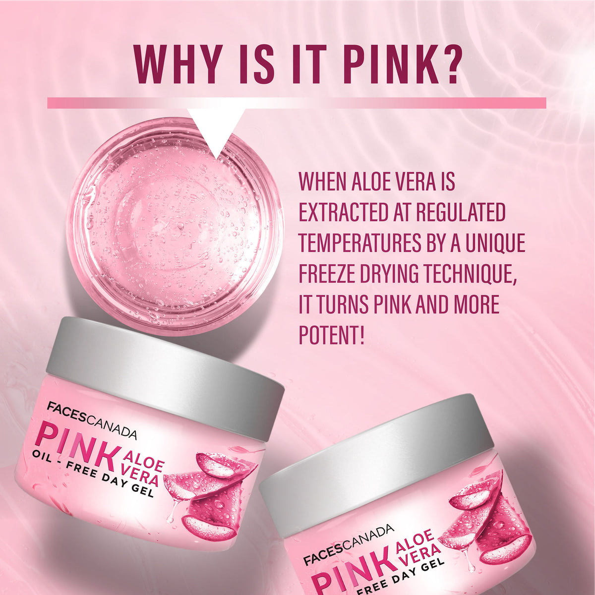 Faces Canada Pink Aloe Vera Oil-Free Day Gel with pink hue, lightweight texture, and hydrating aloe vera for daily skin refreshment.