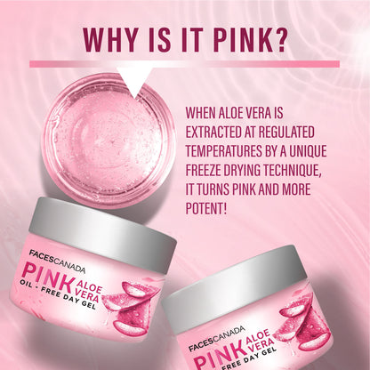 Faces Canada Pink Aloe Vera Oil-Free Day Gel with pink hue, lightweight texture, and hydrating aloe vera for daily skin refreshment.