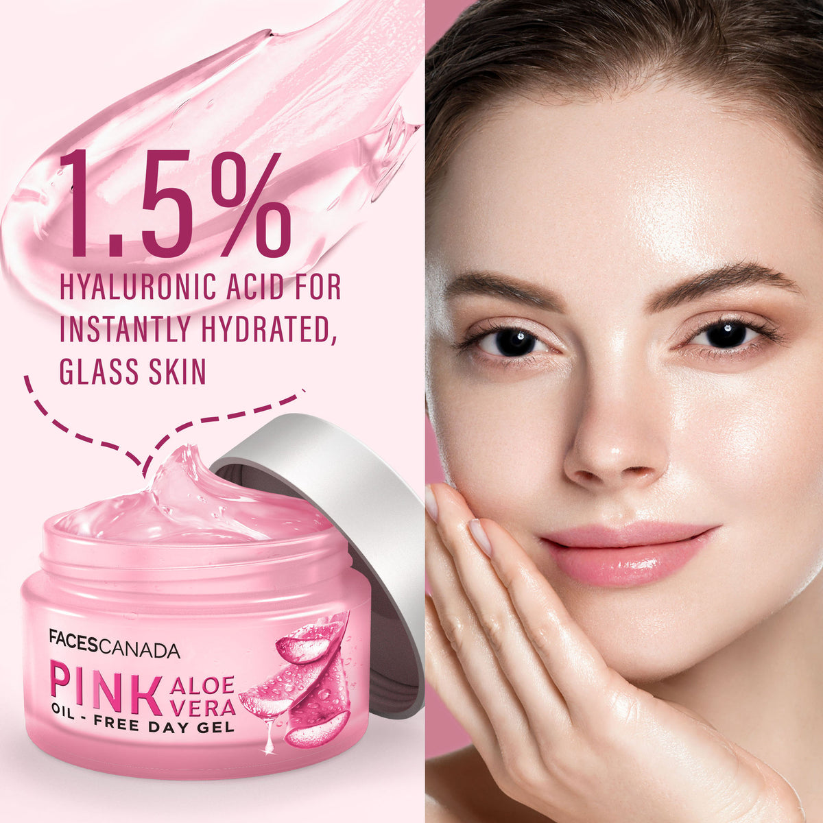 Faces Canada Pink Aloe Vera Oil-Free Day Gel in a clear jar, showcasing the light pink gel inside.