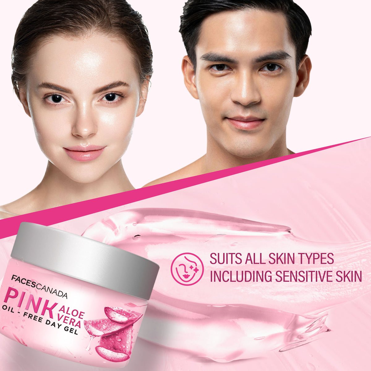 Faces Canada Pink Aloe Vera Oil-Free Day Gel in a clear jar with pink gel inside, suitable for daily skincare.