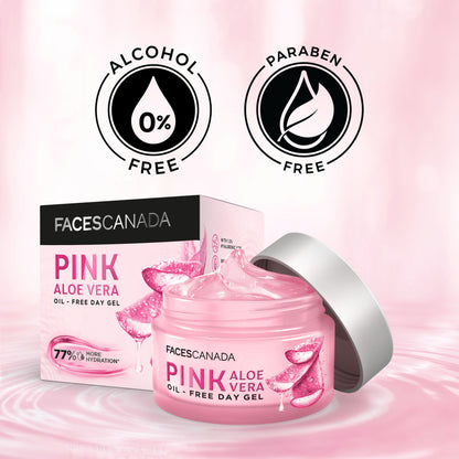 Faces Canada Pink Aloe Vera Oil-Free Day Gel in a clear jar with pink gel inside, suitable for daily skincare.