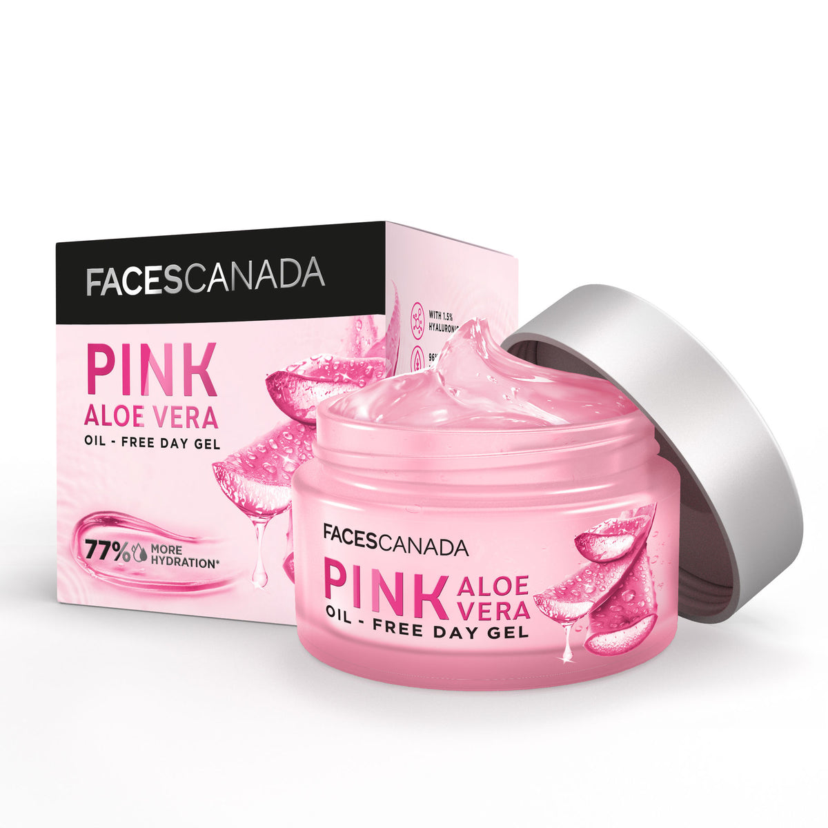 Faces Canada Pink Aloe Vera Oil-Free Day Gel in a clear jar with pink label and fresh aloe vera leaves beside it.