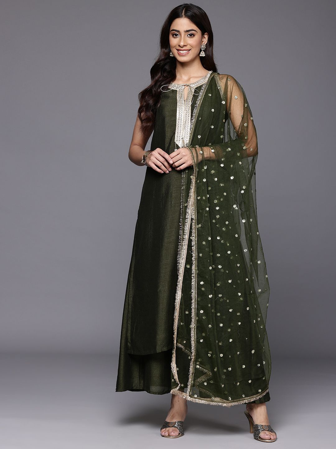 Dhiyona VA Women's Yoke Design Sequinned Kurta with Trousers & Dupatta