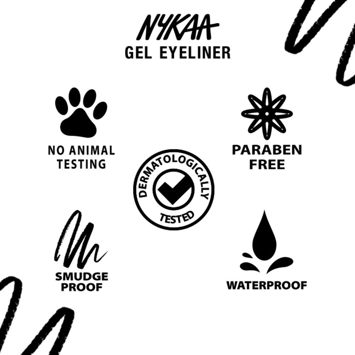 Nykaa Black Magic Gel Eyeliner in jet black, smooth gel formula in a sleek black container with a brush applicator.