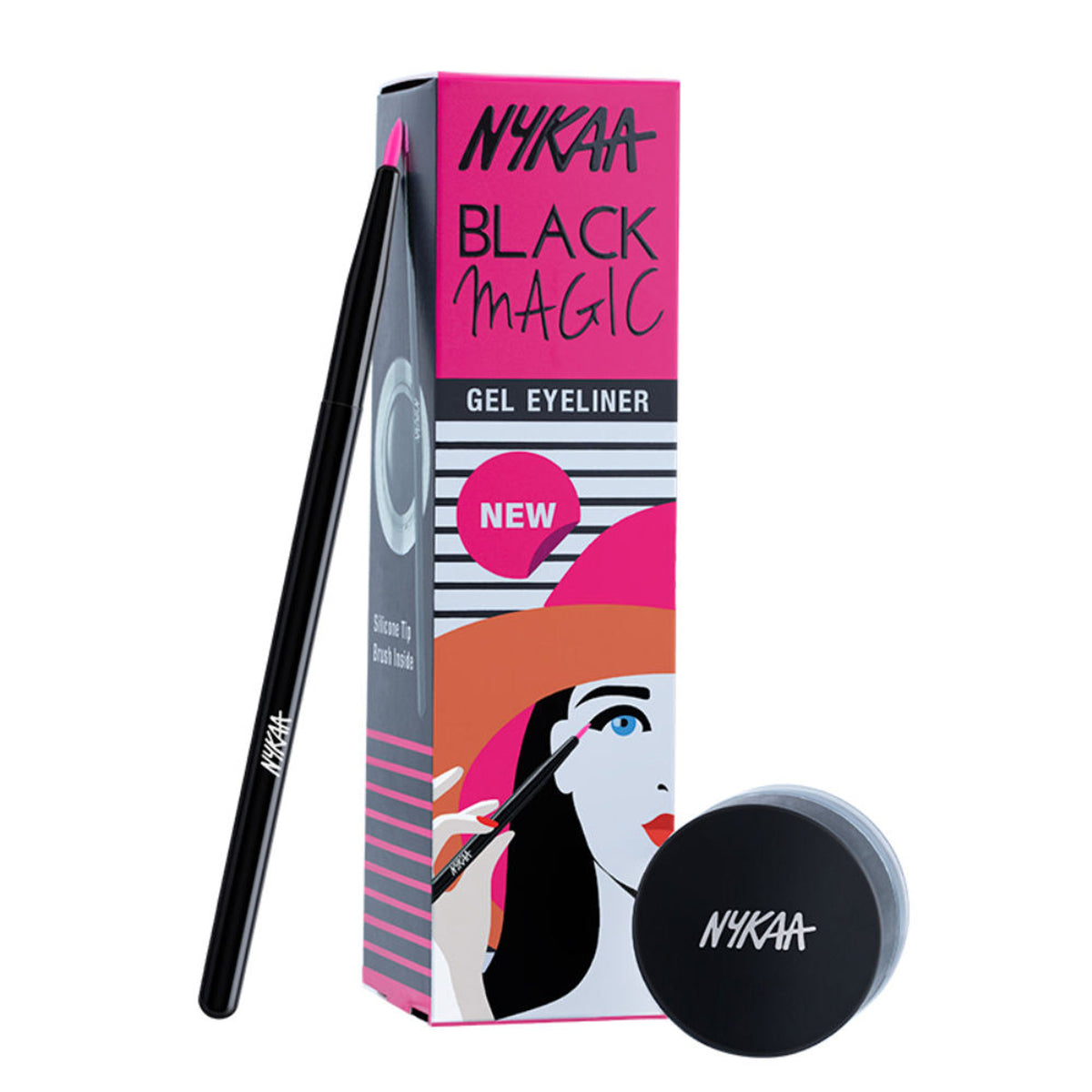 Nykaa Black Magic Gel Eyeliner in Jet Black, creamy gel formula in a sleek black jar with applicator brush.