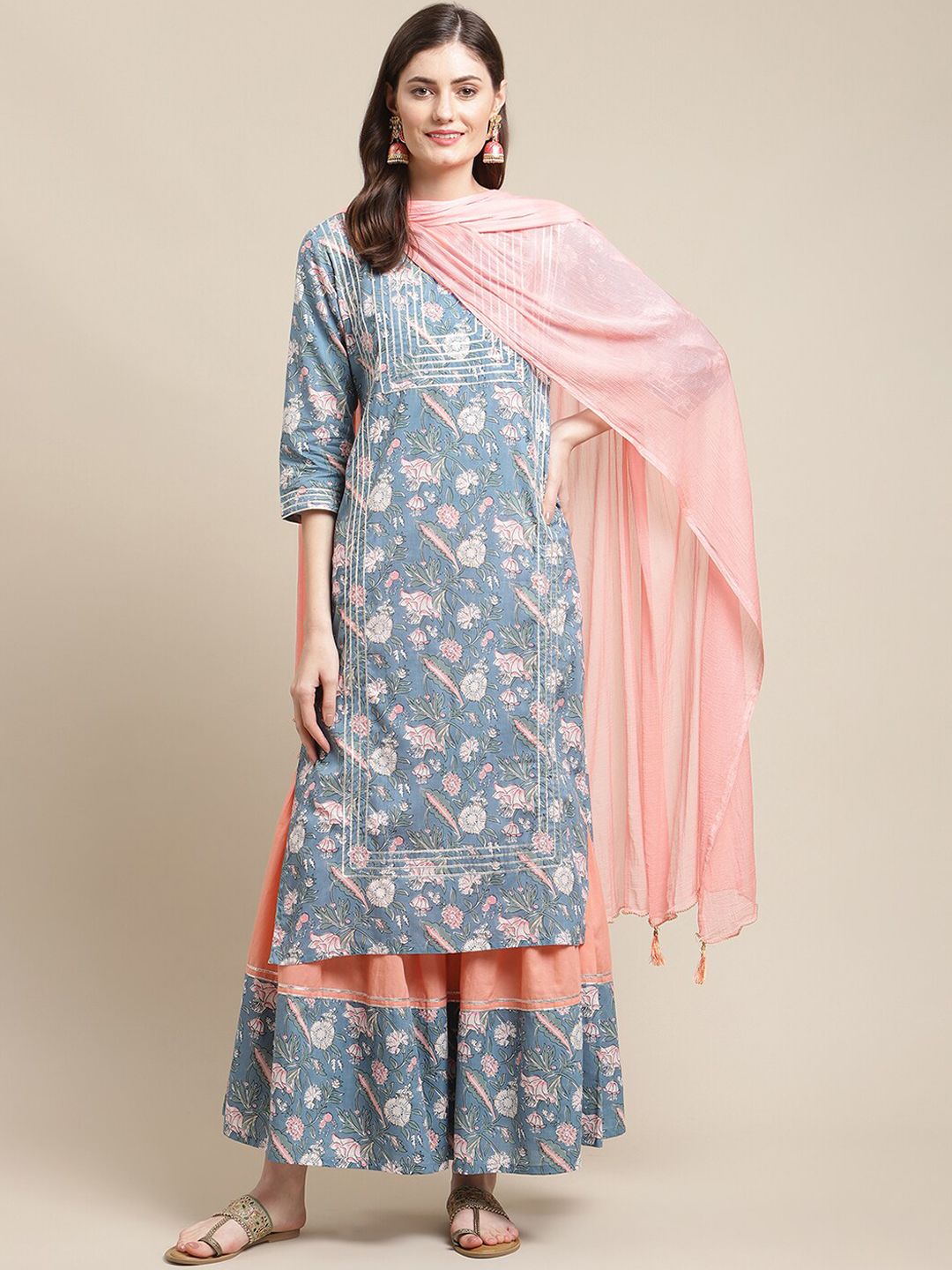 Indyancart VA Women's Blue Floral Printed Gotta Patti Kurta with Sharara & With Dupatta