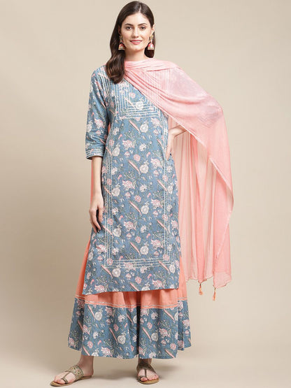Indyancart VA Women's Blue Floral Printed Gotta Patti Kurta with Sharara & With Dupatta