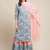 Indyancart VA Women's Blue Floral Printed Gotta Patti Kurta with Sharara & With Dupatta