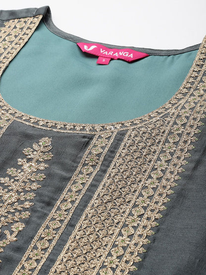 Indyancart VA Ethnic Motifs Embroidered Zari Kurta With Palazzos & Dupatta