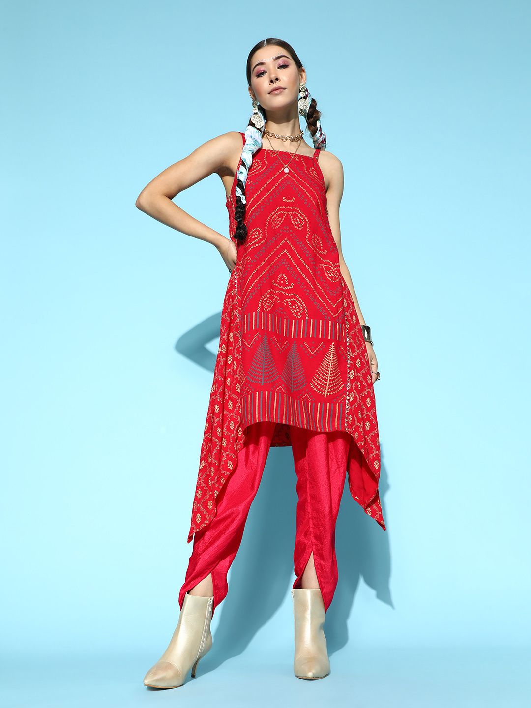 Dhiyona IE Women Red Ethnic Motifs Printed Kurta with Dhoti Pants