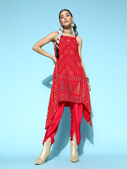 Dhiyona IE Women Red Ethnic Motifs Printed Kurta with Dhoti Pants