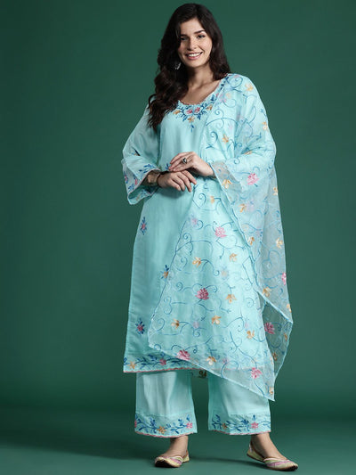 Indyancart IE Floral Embroidered Thread Work Kurta with Trousers & With Dupatta