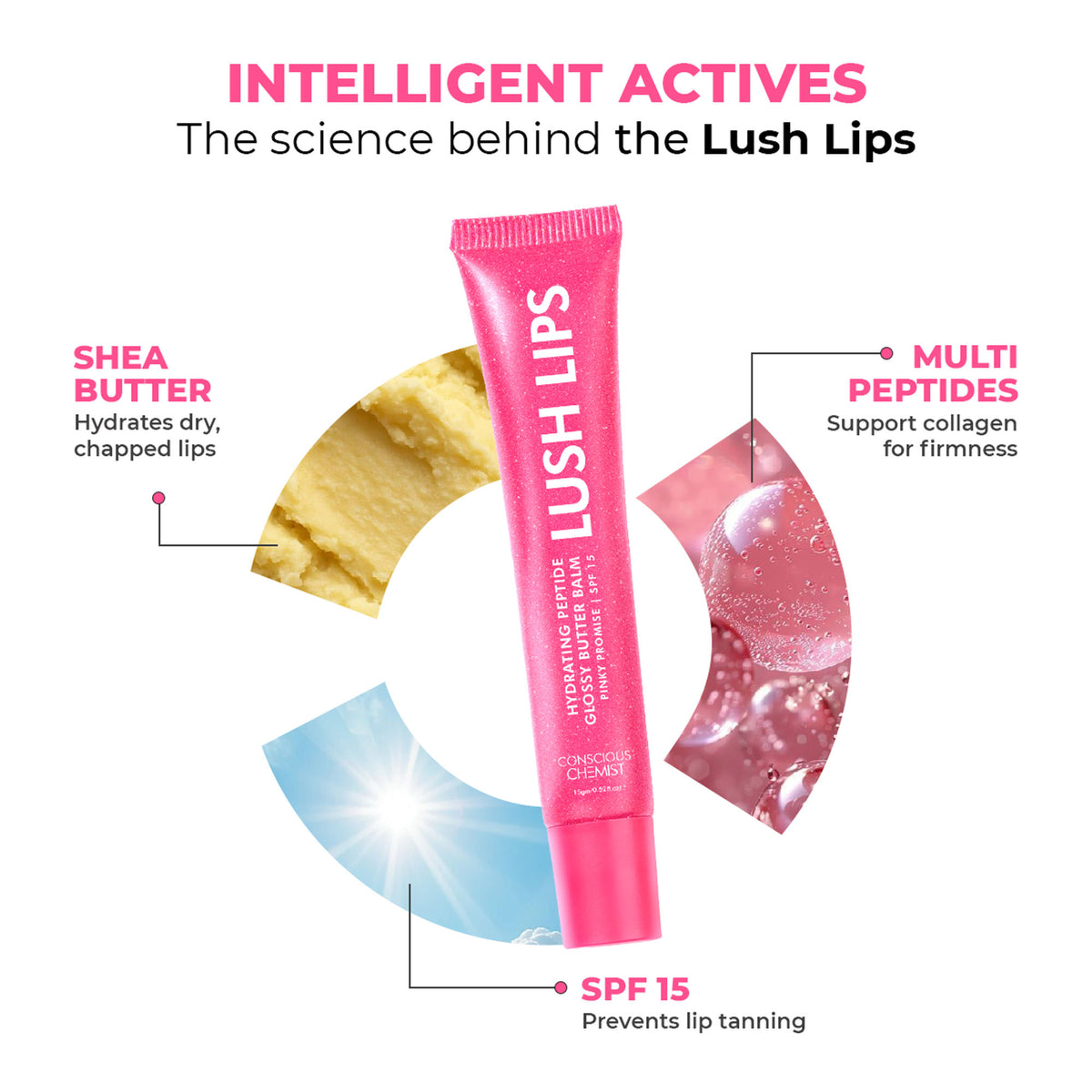 Conscious Chemist Multi Peptide & Shea Butter Lip Balm with SPF15 - Pinky Promise