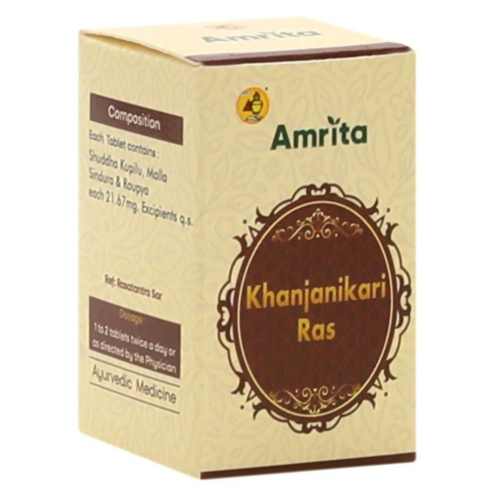 Amrita Khanjanikari Ras Ayurvedic tablets in a glass bottle with traditional packaging and herbal label.