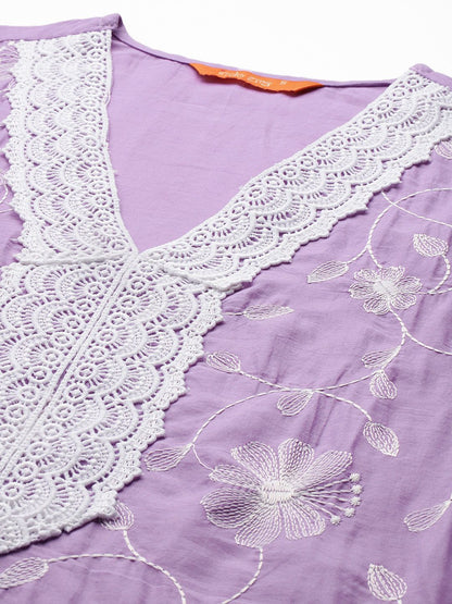 Indyancart IE Floral Embroidered Thread Work Pure Cotton Kurta With Trousers & Dupatta