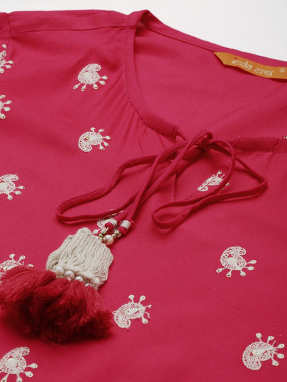 Indyancart IE Women Pink Paisley Embroidered Pleated Kurta with Trousers & Dupatta
