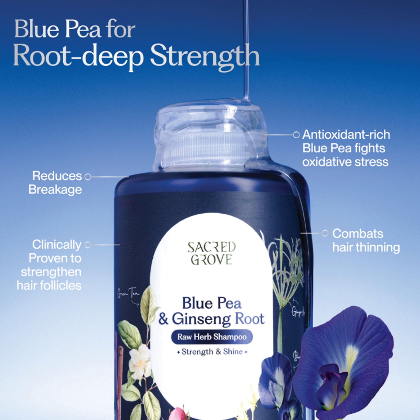 Sacred Grove Blue Pea Flower & Ginseng Root Shampoo For Strength & Shine