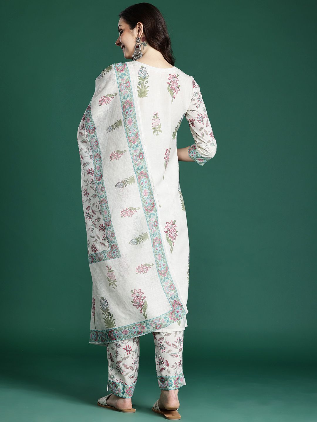 Indyancart IE Floral Printed Panelled Kurta with Trousers & Dupatta