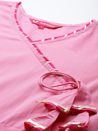 Indyancart VA Women'sAngrakha Gotta Patti Pure Cotton Kurta With Trousers & With Dupatta
